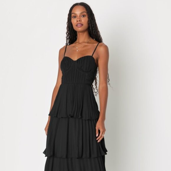 Lulus Cascading Crush Black Tiered Bustier Midi Dress - Size M - Picture 1 of 4